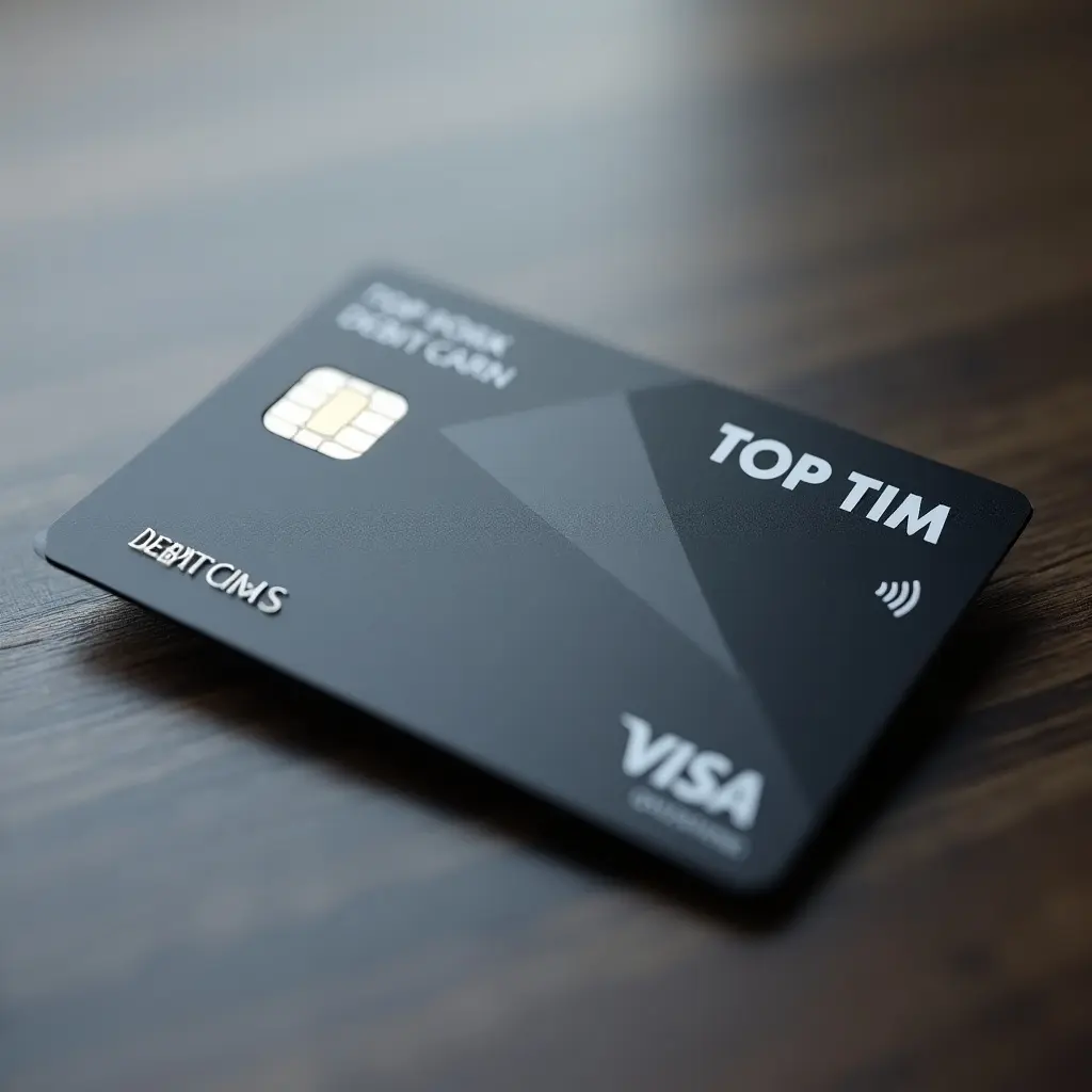 Close-up of a modern debit card featuring the brand Top Tim. Card showcases sleek design with chip technology. Featured on a wooden surface.