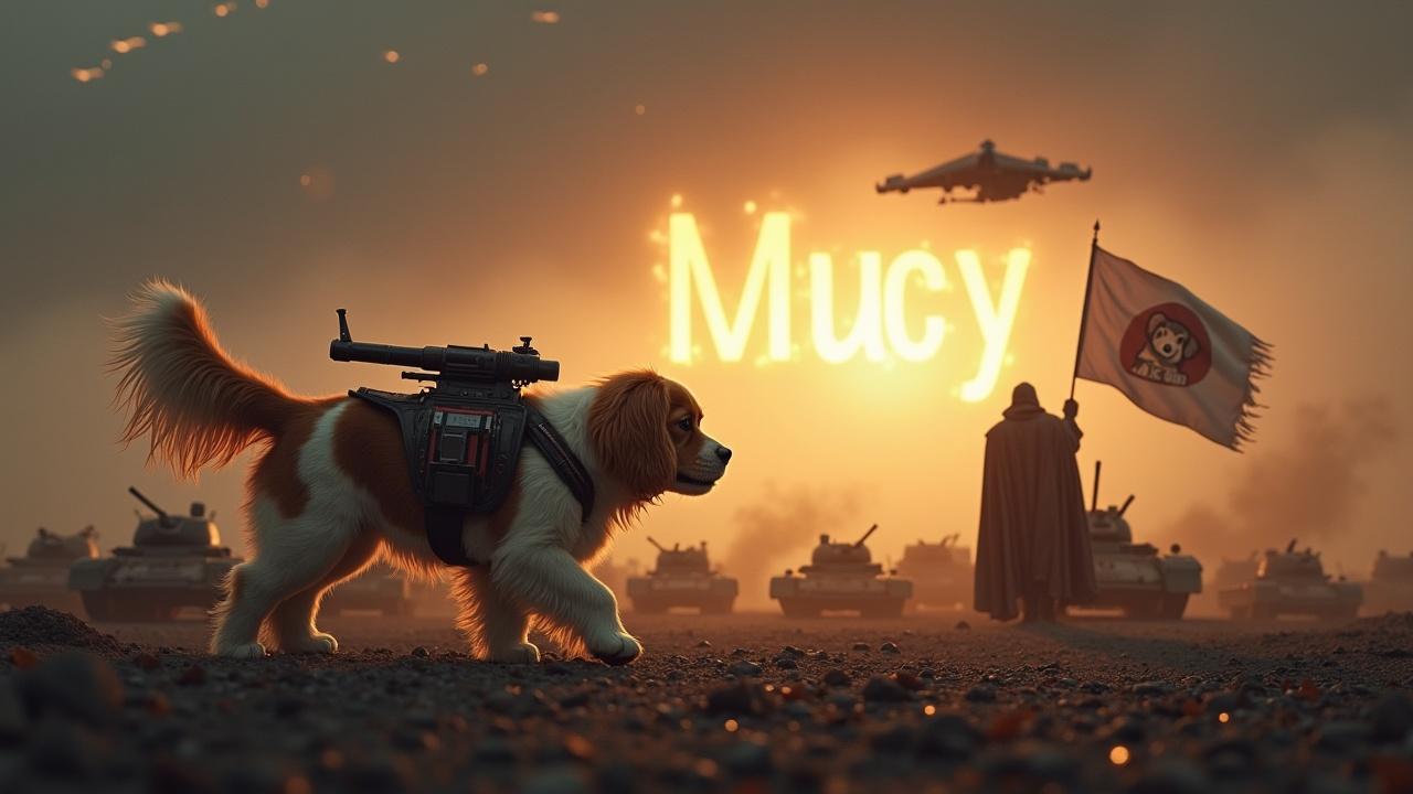 In a gloomy and dark setting, a fluffy brown and white cavalier king charles spaniel walks across a desolate battlefield. A futuristic weapon is strapped to its back, adding a unique twist to its appearance. Nearby, a cloaked figure stands valiantly, holding a flag with a dog emblem, symbolizing hope. The background features numerous small soldiers and tanks, blending into the shadows of the battlefield. The sky is dramatically lit by the bright rays of the sun, contrasting the darkness below. A jet fighter zooms overhead, enhancing the sense of action. In fiery writing, the text 'Mucy' boldly stands out against the scene.