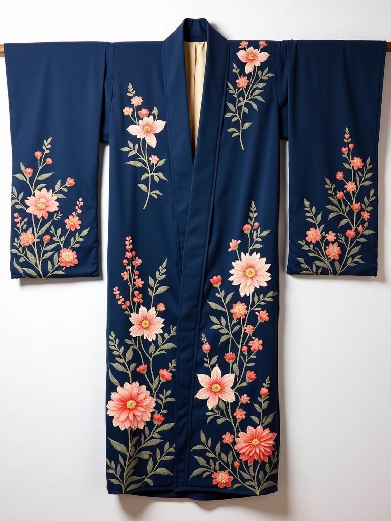 A dark blue yukata has flower patterns embroidered on it. The design features various flowers in shades of pink and green. The garment hangs flat against a plain white background.