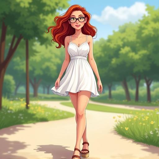 Vector art depicting a young woman outdoors. She wears a white summer minidress. Red wavy hair complements her outfit. Glasses adorn her face. Freckles are visible. She has a plump figure with pale skin. Sandal heels add to her casual style. She walks with a smile and closed eyes in a sunny park setting.