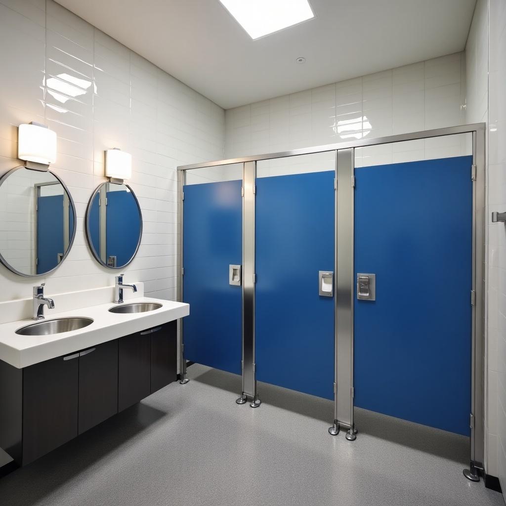 This image features a modern restroom designed with functionality and style. The space includes gray aggregate flooring that adds a sleek look. There are two bright blue toilet partition stalls offering privacy. A stylish vanity is equipped with two drop-in stainless steel sinks for efficiency. Two round mirrors above the sinks reflect the modern lighting fixtures, enhancing the restroom's ambiance.