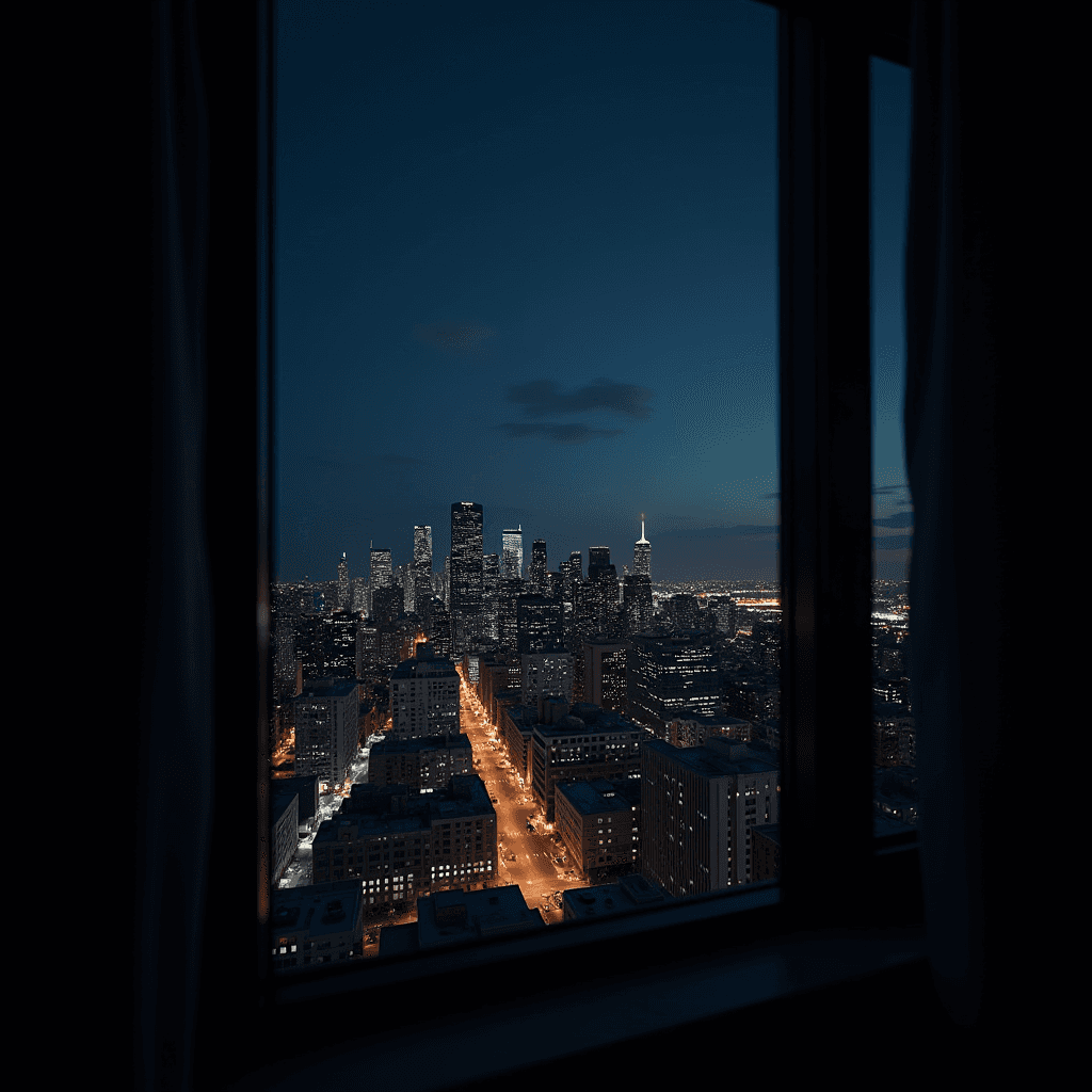 A nighttime view of a city's illuminated skyline, framed by a window.