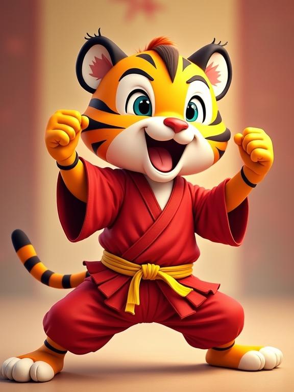 This image shows a cartoon tiger character in a red martial arts uniform with a yellow belt. The tiger strikes a dynamic martial arts pose full of enthusiasm and energy. The facial expression is joyful and fierce. The backdrop suggests an Eastern theme, enhancing the martial arts vibe. Bright colors make the character appealing for children and animation fans.