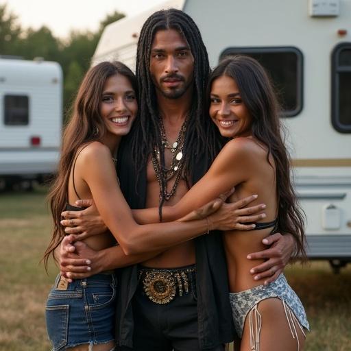 Two goth-punk women and a Native American man pose joyfully in an RV park. They embrace each other with smiles, barefoot in a relaxed environment.