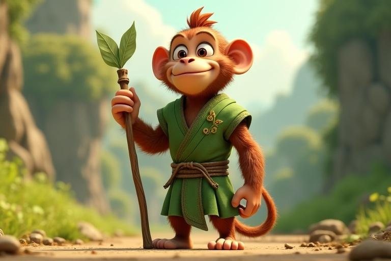A heroic anthropomorphic monkey stands on two legs. Character has muscular features and a charming smile. Wears a green leaf-embroidered warrior tunic. Holds a staff. The image is in ultra-HD and 4K with vibrant daylight. The setting has a realistic, heroic aura.