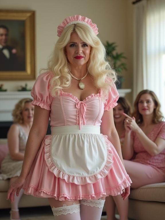 Portrait photography in a lavish living room with elegant furniture and soft pastel decor. Group of fashionable women sit on a couch laughing. In foreground, a confident wife smiles in a stylish dress. A crossdressing maid stands blushing in a pink-and-white uniform with a short skirt and thigh-high stockings. Bold makeup and decorative details highlighted.