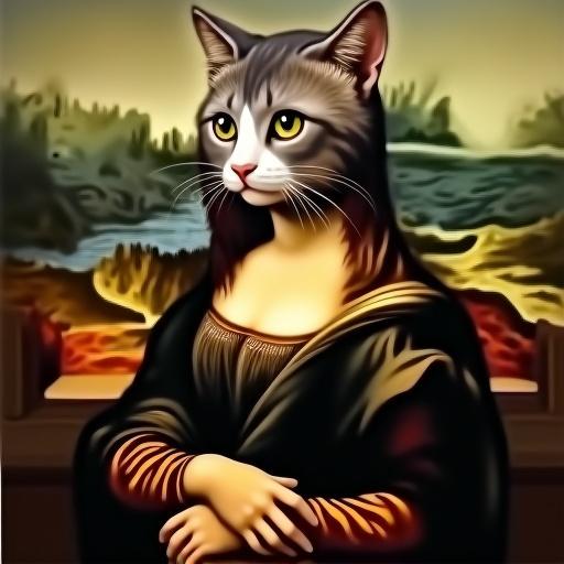 A painting shows a cute cat in the style of Mona Lisa. The cat has a calm expression and is seated with forelegs crossed.