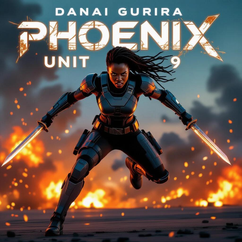 Danai Gurira leaps dramatically from a flaming mech. Dual swords are drawn ready for action. Background features vibrant explosions highlighting the intensity. Title appears in futuristic military font with digital noise texture. Fireburst effect enhances cinematic energy in high resolution.
