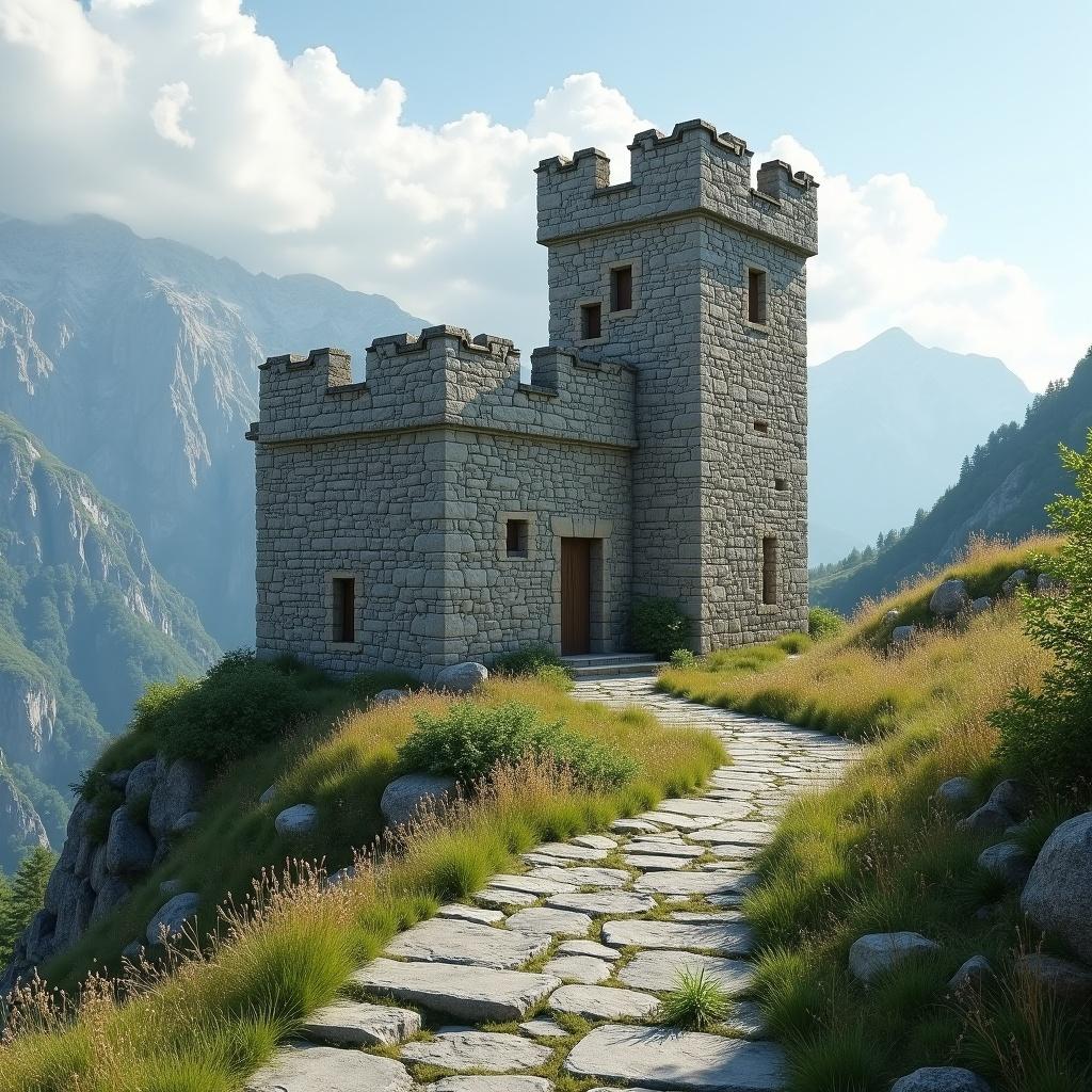 A castle made of small stones stands on a hillside. Individual stones are visible showing craftsmanship. A winding stone pathway leads to the entrance. Grass and wildflowers line the path. Majestic mountains in the background enhance the scenery. Soft clouds drift across the sky.