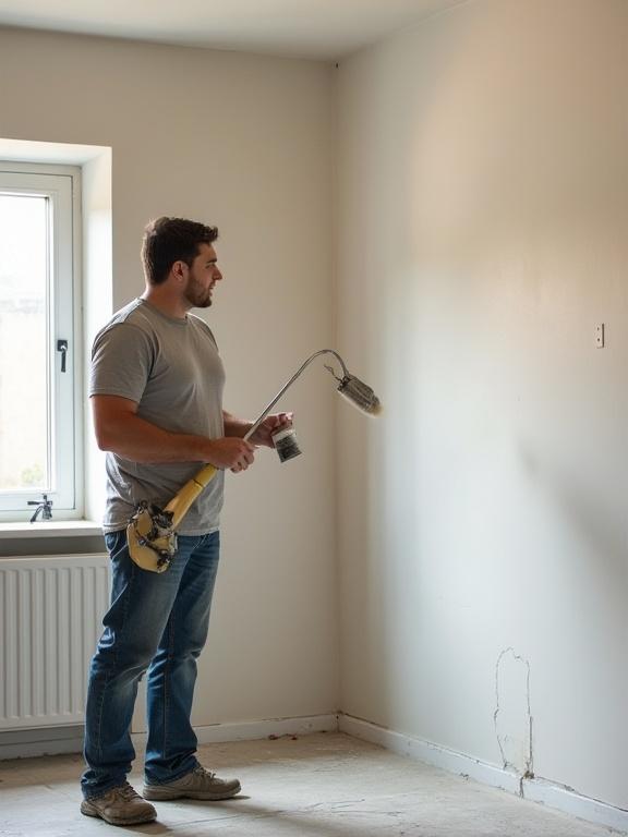 Professional painter working on an interior wall. Painter uses a sprayer to apply paint. Room has soft, natural light. Wall shows signs of previous work. Minimalist decor surrounds painter.