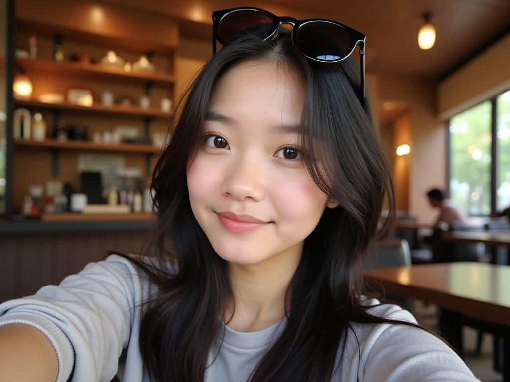 A young woman is captured in a selfie, looking slightly off to the side, showcasing her angled profile. She has long, dark hair that falls gracefully over her shoulders. The background features a warm-toned interior, suggesting a cozy space, possibly in a cafe or hotel. She wears a casual, light-colored shirt and sunglasses resting atop her head, giving a relaxed vibe. The lighting is soft, enhancing the warmth of the scene.