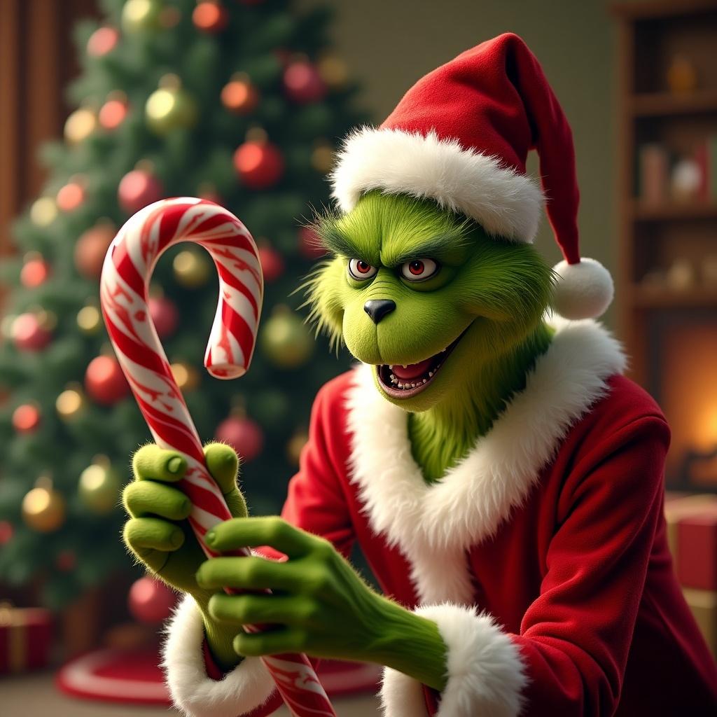 Scene conveys festive holiday atmosphere. The Grinch holds candy cane. Christmas tree appears in background. Grinch is dressed in Santa outfit. Grinch is breaking candy cane.