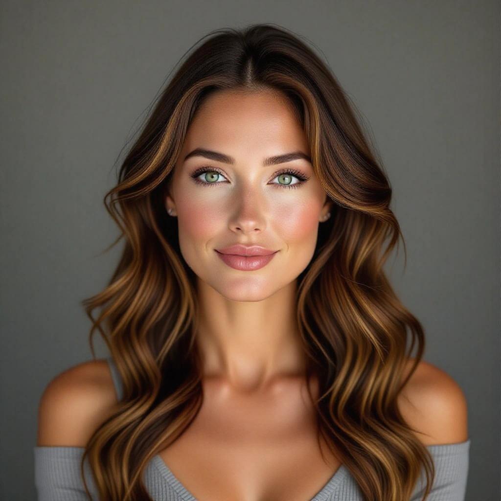 A photorealistic headshot portrait of a woman in her mid 30s with long wavy auburn hair and natural green eyes. She has a fair complexion and symmetrical features. Lips are neutral-toned with a slight smile. She wears a gray bodysuit and stands confidently with hands on hips against a gray background. The studio setup uses even flash lighting. The woman looks directly at the viewer with a strong presence.