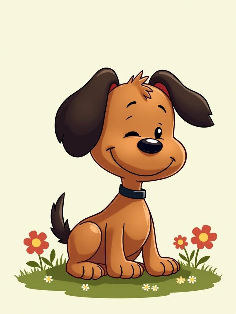 Brown and black small dog in cartoon style. Features playful expression. Sitting on grass with flowers. Cute appearance reminiscent of Peanuts characters.