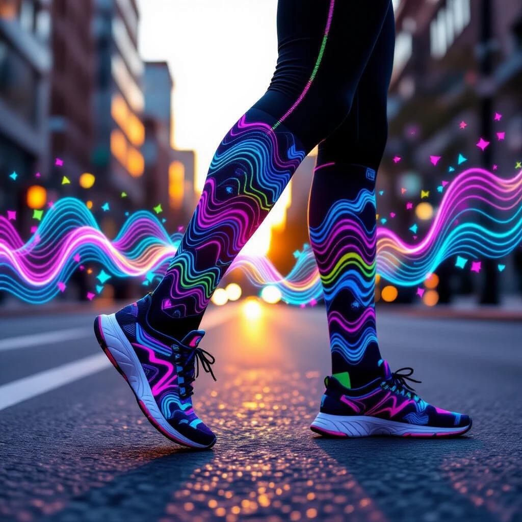 Action shot of athletic compression socks with abstract neon wave patterns during morning run. Socks feature ribbons in electric purple, neon green, hot pink, electric blue against black. Geometric shapes float in waves. Pattern dynamic around calf and ankle. Runner's legs mid-stride on city street at dawn. Background has motion blur. Compression fit shows wave pattern following muscle contours. Golden hour rim lighting makes neon vibrant. Shot from low angle to emphasize design and movement. Sports photography with high contrast, dramatic lighting, and energetic composition.