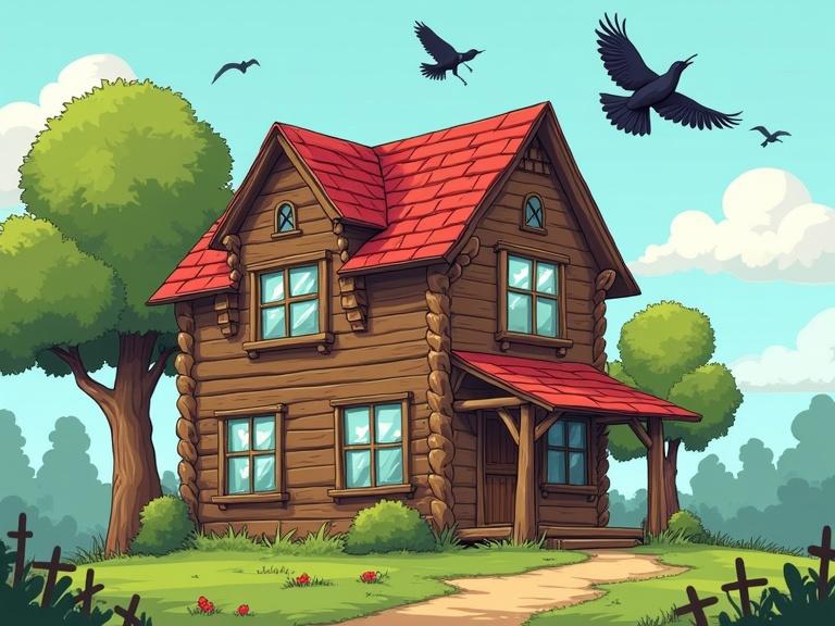 A cartoon depiction of a wooden house. Features include a red roof and broken windows. Surrounding trees with crows flying above.
