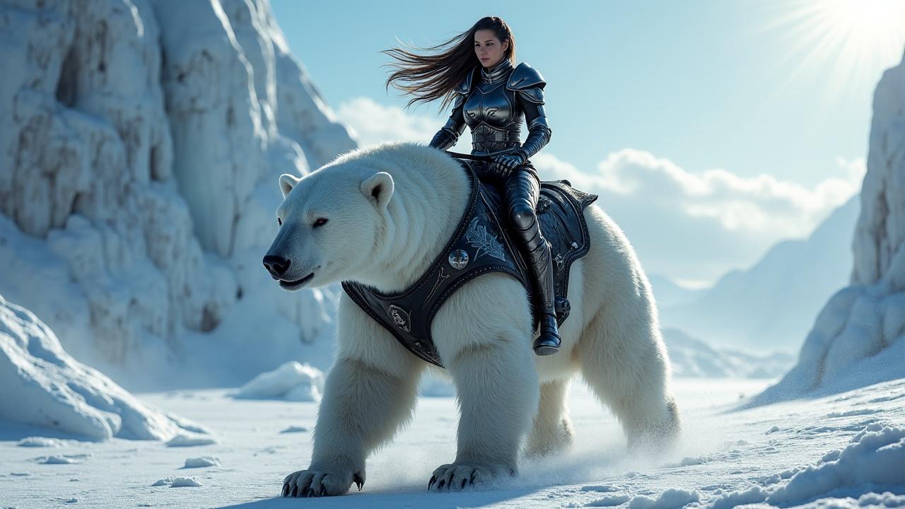 In a vast snowy landscape, a warrior in ornate armor rides an armored polar bear. The scene is set against a backdrop of towering ice formations under a bright blue sky, creating a sense of adventure and fantasy. The rider's stern expression and flowing hair add a dynamic and heroic element to the image.