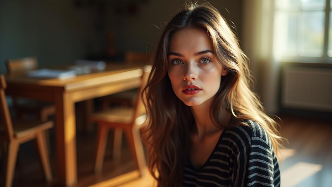 Young woman with long brown hair in dark striped top. Close-up portrait with soft focus. Natural light highlights and shadows in room with wooden table and window. Warm golden tones dominate color palette. Neutral expression with light makeup and red lipstick. Soft ethereal beauty emphasized by out of focus background.