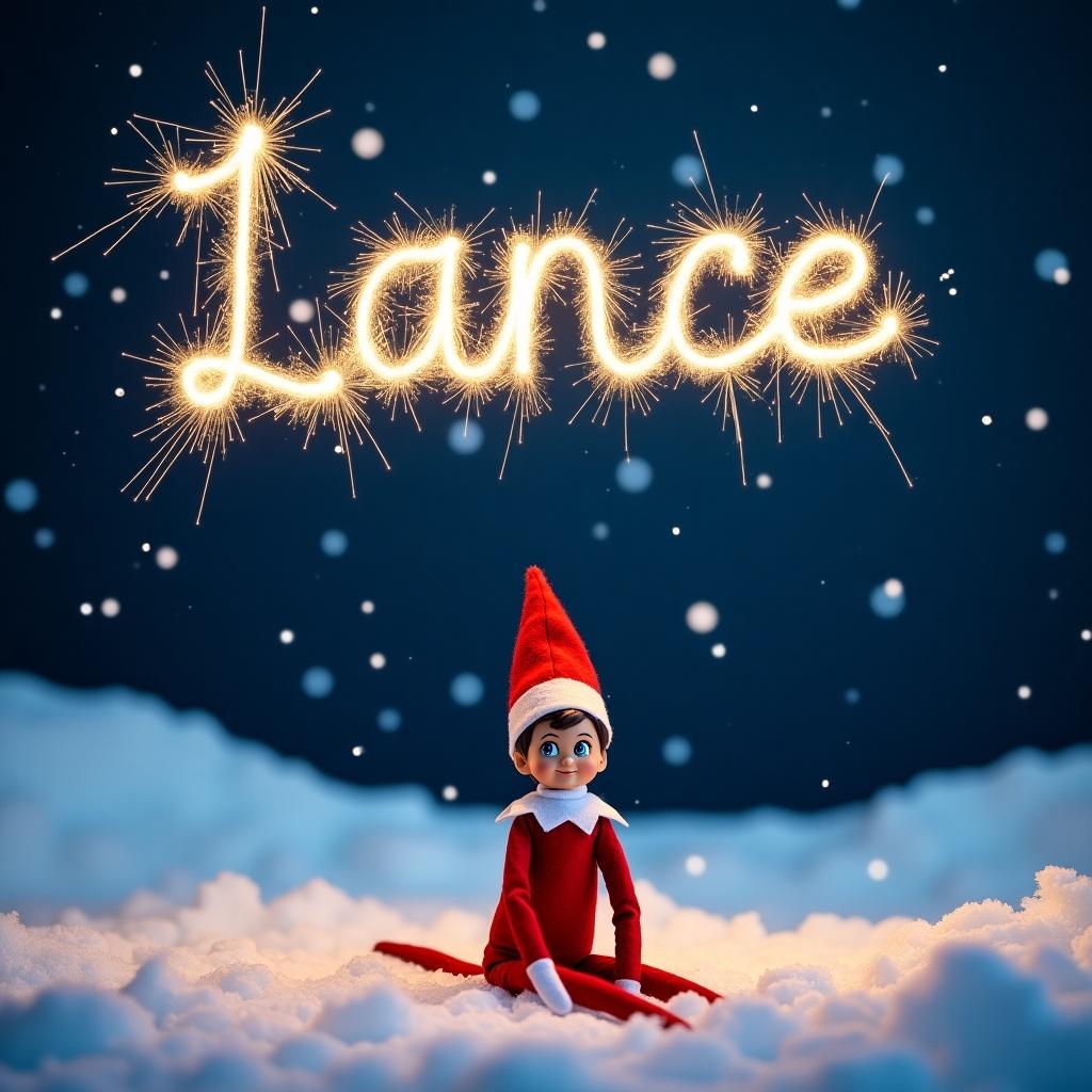 This image features the cheerful Elf on the Shelf named Lance, sitting amidst a snowy scene at night. The elf is dressed in a bright red outfit with a pointy hat, surrounded by soft, fluffy snow. Above, the name 'Lance' sparkles in the sky, crafted from glowing sparklers, creating a magical ambiance. The overall atmosphere is festive and enchanting, ideal for celebrating the holiday season. This scene captures the joy and wonder of Christmas.