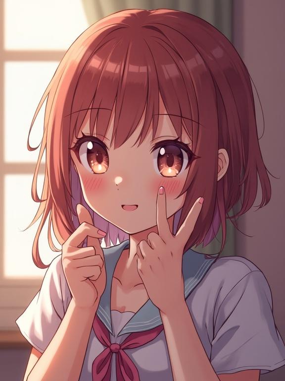 Anime girl with cute expression posing in a brightly lit room