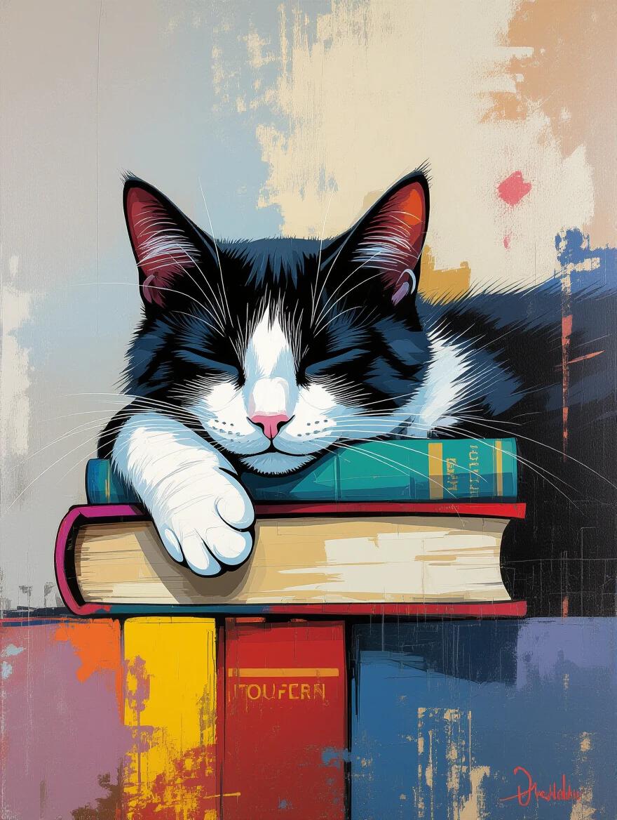 Cat sleeps on stacked books. Abstract texture with vibrant paint strokes in the background. Artwork is reminiscent of urban graffiti art. The cat is detailed and symmetrical. Focus is sharp and cinematic, creating a visually striking piece.