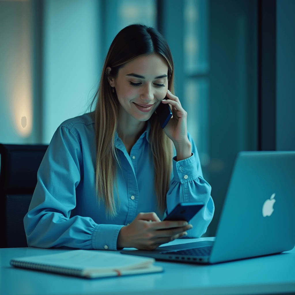 A woman in a blue shirt is smiling while speaking on a phone and using a laptop in a dimly lit office.