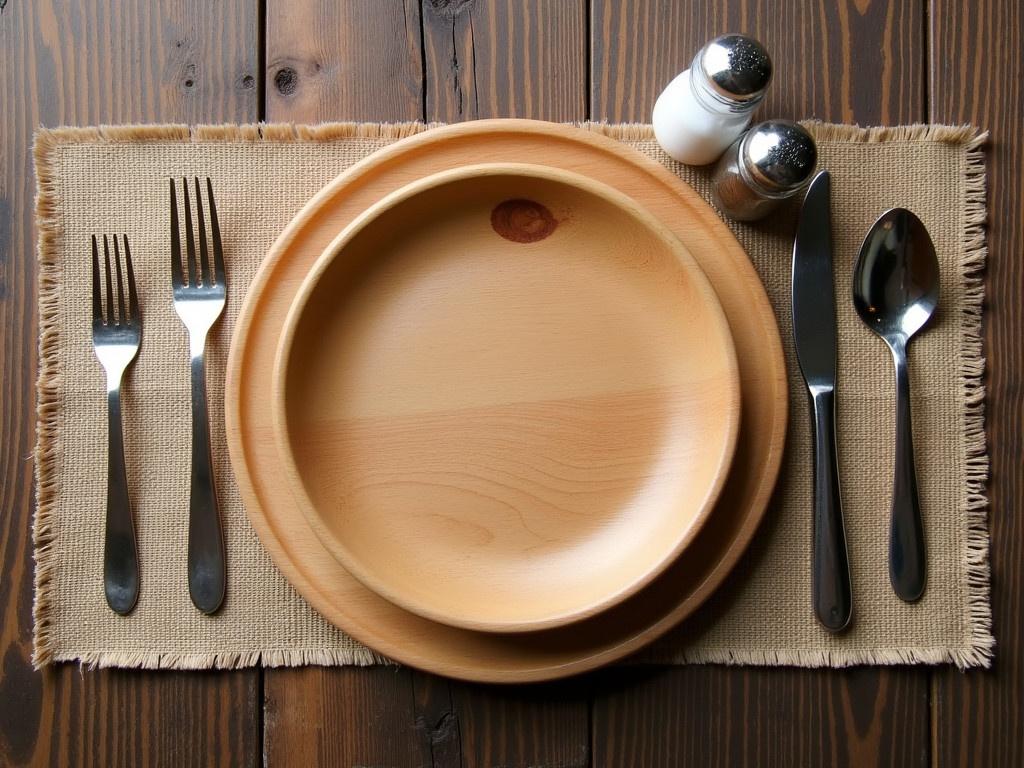 The image features a rustic wooden table as a backdrop. In the center is a round wooden plate, showcasing its smooth texture and natural wood grains. A piece of burlap fabric serves as a mat beneath a set of elegant silverware, including a fork, spoon, and knife, positioned neatly. Two salt and pepper shakers sit beside the silverware, adding a touch of elegance to the setting. The overall composition evokes a warm, inviting atmosphere ideal for a meal preparation or dining experience.