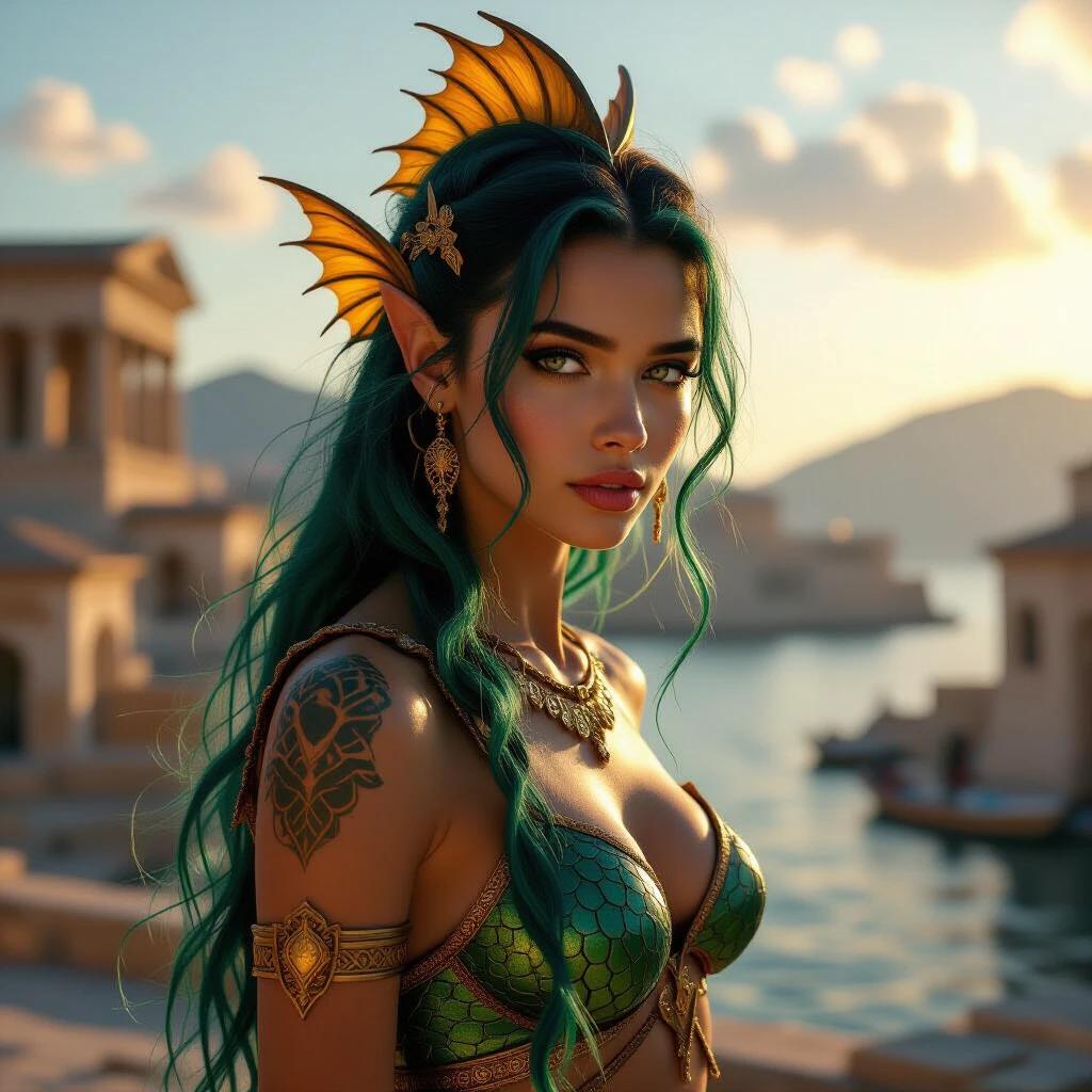 Cinematic portrait of a Triton female with fish features in a Grecian port city. She has green-blue scaled skin and sharp finned ears. The character has a curvaceous build and wears Ancient-Greek-Fantasy clothing. Her long green-blue hair is slicked back. The scene is during golden hour with dramatic shadows, featuring an ancient Greek port backdrop. High-resolution with stylised textures.