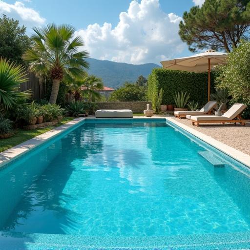 A beautiful swimming pool surrounded by palm trees and landscaped garden. Sun loungers set up beside the pool. Bright blue water reflecting sunlight. A relaxing outdoor atmosphere.