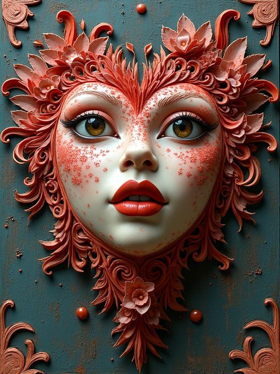 Masterpiece 3D multi-layered artwork featuring a heart-shaped face surrounded by floral elements. Encaustic mixed media style with intricate details and whimsical features.