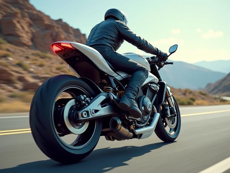 View from behind a motorcycle rider on a sunny day Riding on an open highway Details include sleek motorcycle and rider in gear