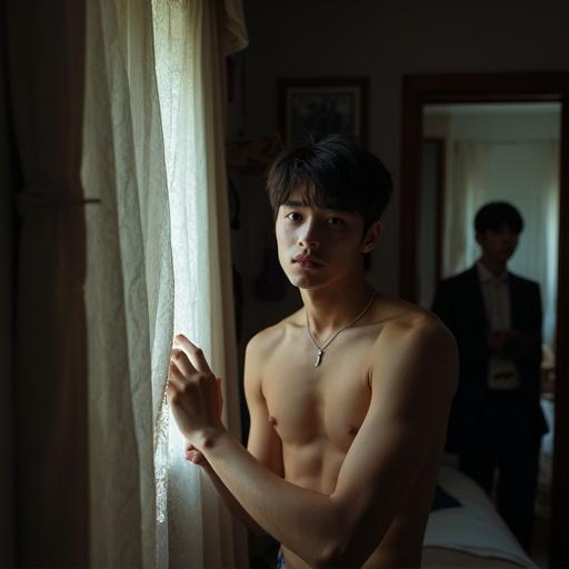 A young man leans against a headboard in a dim room. He traces a lace curtain as a breeze stirs his hair. Another man in a suit is near the doorway. The scene has a blend of intimacy and tension, with women’s blouses visible, and a necklace catching light.