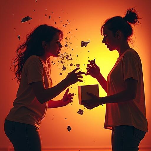 Teenage girl shows anger tossing a phone. Shattered pieces flying. Mother shocked holding iPhone gift box. Red-yellow dramatic lighting and text bubble.