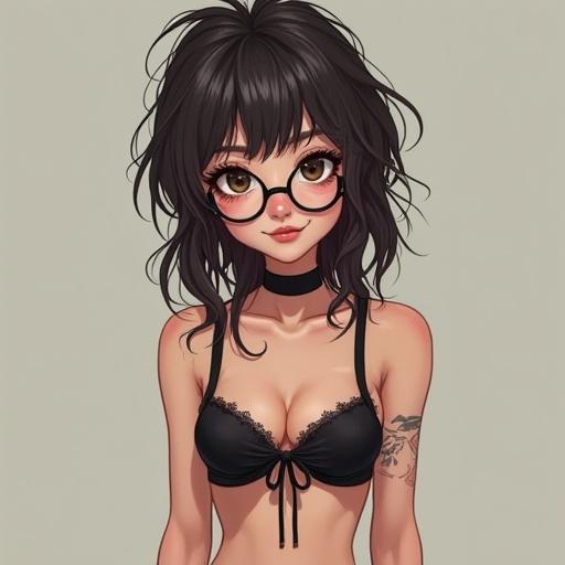 Character named Lynn in early 20s. Petite figure with slim body and curves. Fair skin, oval face with big round glasses. Hair is long and messy with bangs. Soft smirk on lips. Wearing crop top and garter straps with stockings. Chunky platform shoes. Mischievous expression.