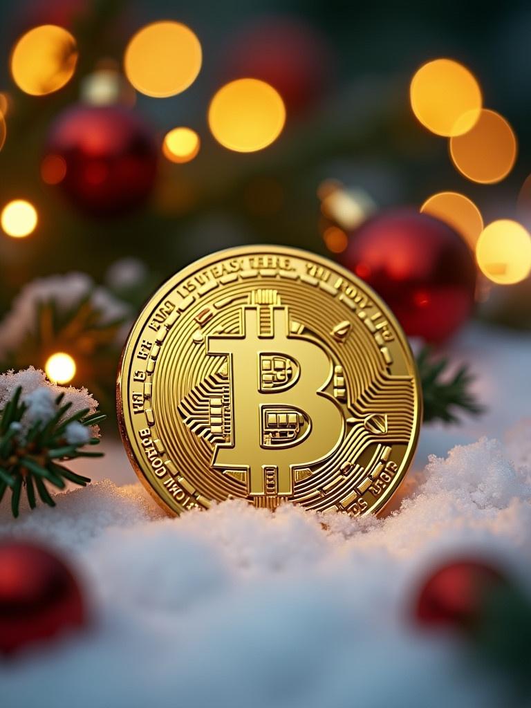 Golden cryptocurrency token in snow. Decorated with Christmas lights and surrounded by holiday ornaments. Creates a festive atmosphere for cryptocurrency theme.