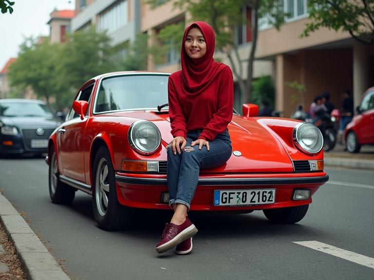 A woman in a red outfit sitting on a red vintage sports car in an urban setting. She is wearing a headscarf and posing confidently.