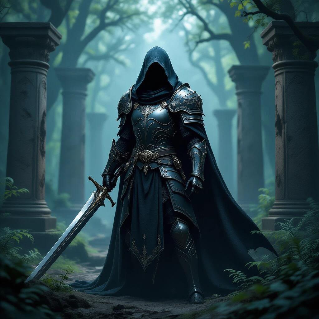 Mysterious hooded knight in elaborate dark armor standing in mystical forest surrounded by ancient pillars