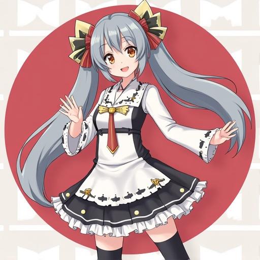 Anime character wearing a dress with a black and white design. Long gray hair with ribbons. Bright red background. Cute pose with arms raised. Stylish anime fashion.