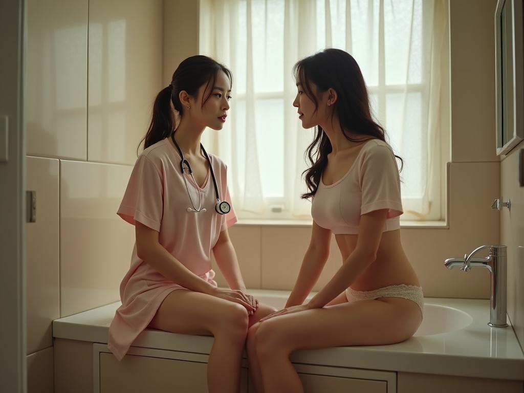 Ultra low angle shot of a petite Chinese female sitting on a bathroom counter wearing a sheer light pink cotton t-shirt and lace briefs. Engaged in a conversation with another female patient. Softly lit bathroom enhances intimacy.