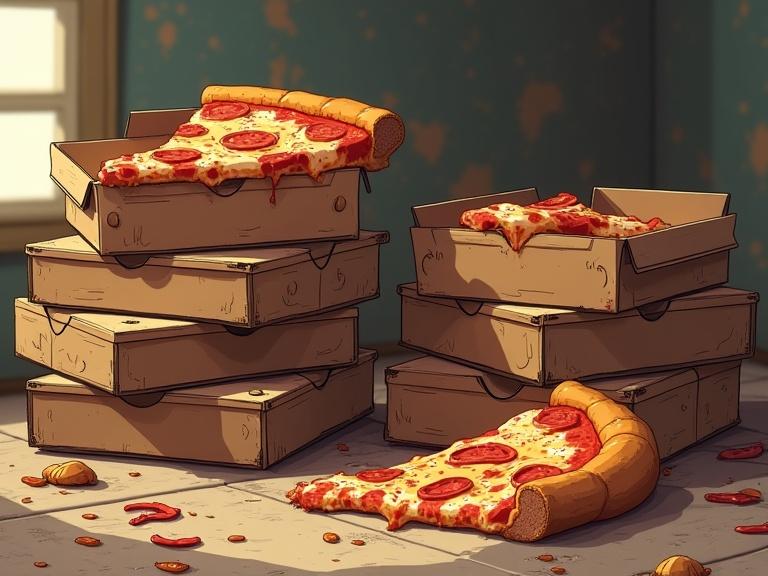 Stacks of old, messy pizza boxes and messy, moldy pizza slices in cel-shaded painterly 3D anime style.