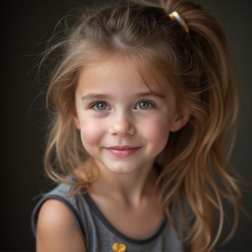 A photograph of a smiling girl with blonde hair. She has a friendly expression and bright eyes. Soft focus background enhances her features. Casual attire showcases youthful innocence.