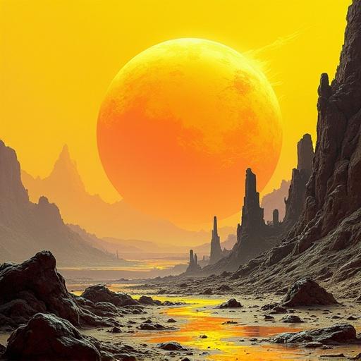 Neon sci-fi art style depicting a surreal landscape. A large sun in hues of yellow and orange dominates the sky. Rocky formations rise from the ground. A river reflects bright colors. The scene is captivating and dreamlike.