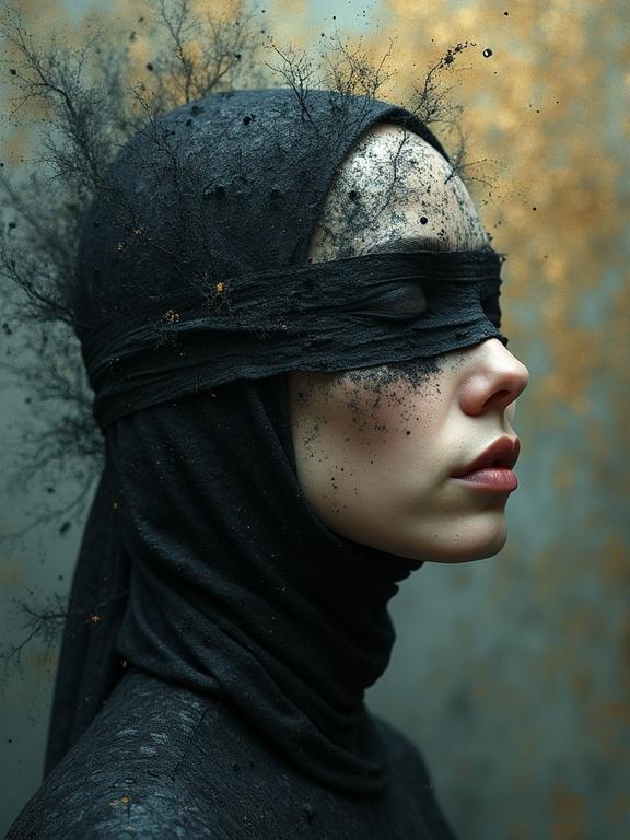 Surreal portrait of a blindfolded female prophet made of ash. Display of elegant and abstract features with a focus on beauty.
