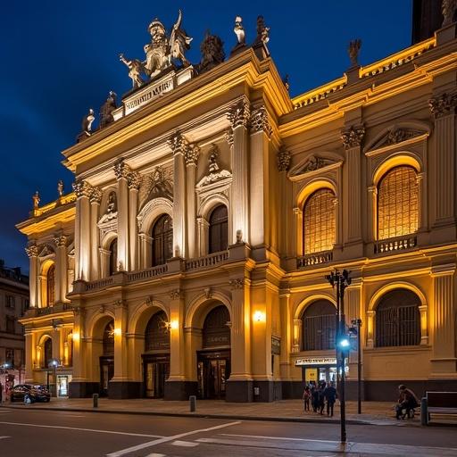 Main facade of Teatro Colón in Buenos Aires at night with warm lighting. Grand architectural details and historical design visible. Surrounding urban scene with visitors and street elements.