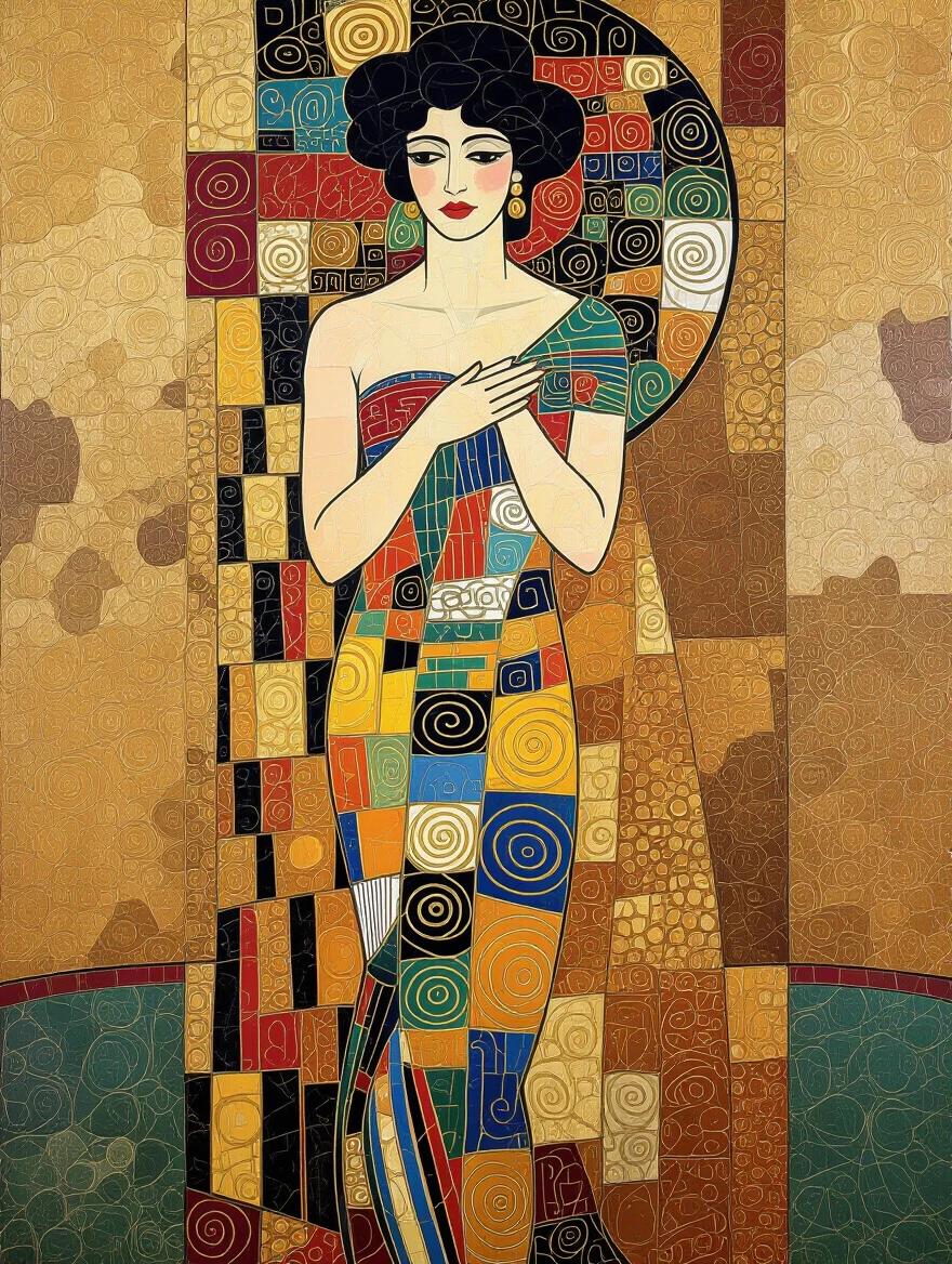 Artwork features a female figure striking a pose with arms crossed. The figure is elaborately decorated in a colorful gown filled with geometric shapes and patterns. The background is a textured blend of gold and earthy tones that emphasizes an intimate connection with the figure. The overall composition conveys elegance and sophistication.