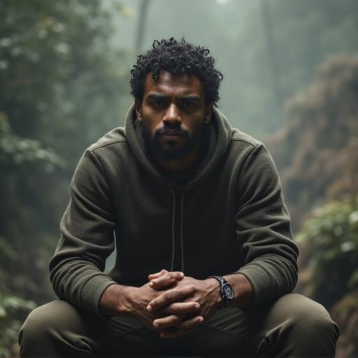 A man sitting calmly in a forest. He wears a cozy green hoodie. His hands are clasped together in front of him. The background consists of lush greenery and soft sunlight filtering through trees. The setting appears serene and peaceful.