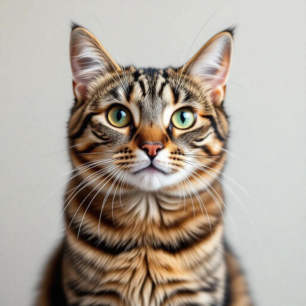Close-up portrait of a beautiful cat with striking green eyes. The cat has a distinctive striped coat pattern and is facing forward against a soft background.