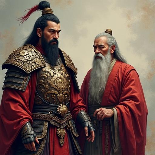 2.5D render presents a semi-realistic comic-book style art. Bold outlines and detailed textures display a Chinese warlord in ornate armor resembling a lion. An ancient general clad in chainmail with a flowing sash stands beside a wise advisor in traditional scholar robes. The setting suggests the Three Kingdoms era in a dark fantasy style. The image gives off cinematic lighting with painterly texture and volumetric shadows reflecting dramatic composition with stylized brush strokes.
