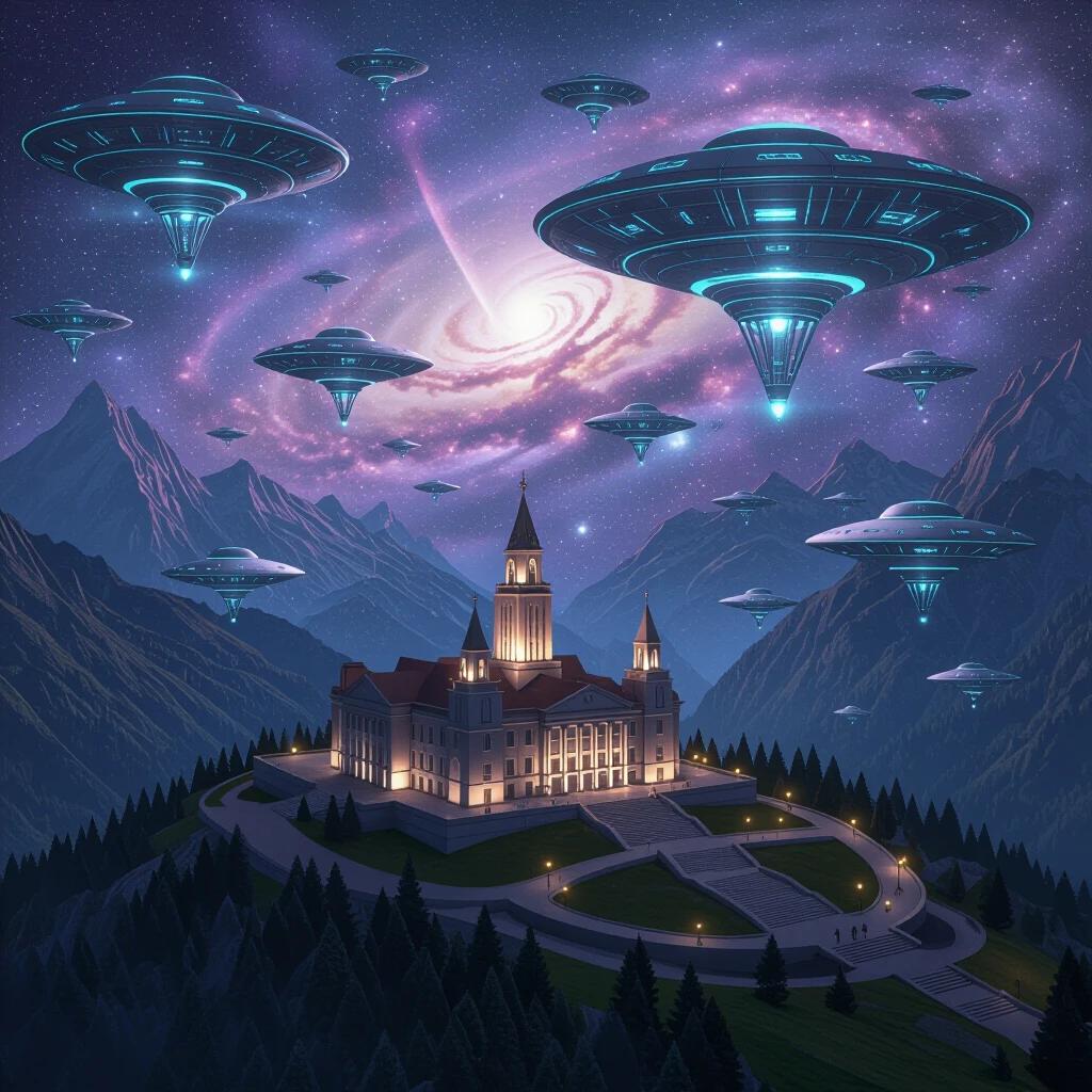 Detailed shot of a capital city town hall in a mystical society situated in the mountains with valleys. Alien technology present, including blimps, hot air balloons, caravans, and hexagon forts. Scene enveloped in a magical nebula.
