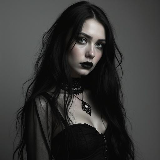 Portrait of a goth girl with long black hair wearing black lipstick and a dark outfit. She has a choker around her neck and a gothic look.